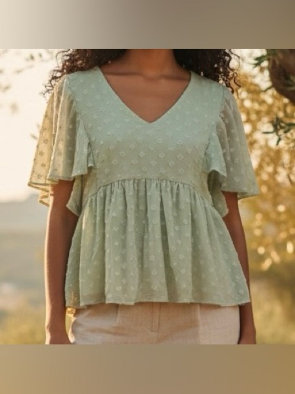Arula Swiss Dot Babydoll Flutter Sleeve Blouse Sage Green Size X = XL